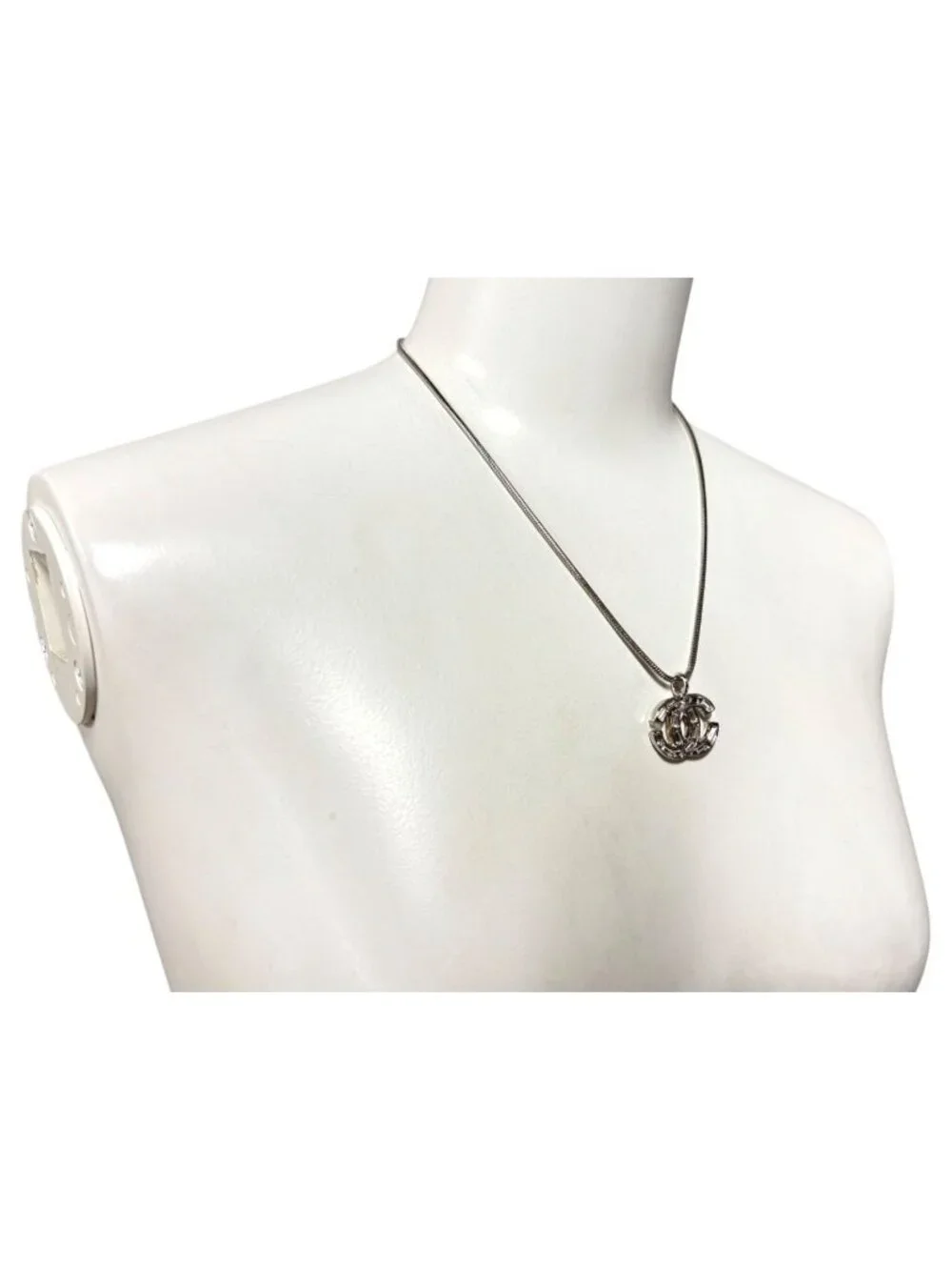 Chanel Rhinestone CC Logo Necklace 01 Silver